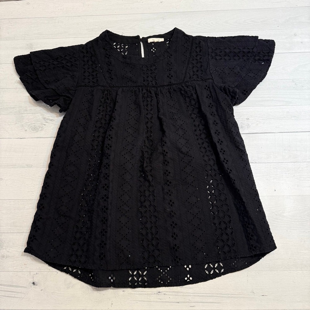 Pleione Black Flutter Sleeve‎ Eyelet Top Ruffle women's medium